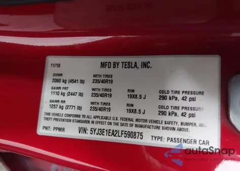 2020 Tesla Model 3 Standard Range Plus Rear-Wheel Drive/Standard Range Rear-Wheel Drive из США, поврежденный, VIN 5YJ3E1EA2LF590875